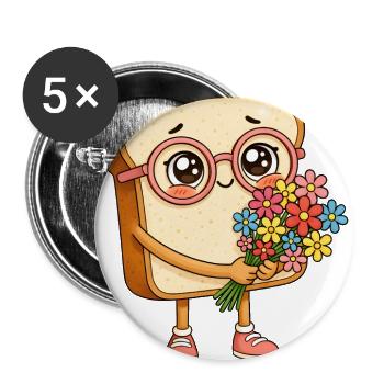 Bread Tony With Flowers – Cute Bread Character  - Buttons large 2.2'' (5-pack) - white