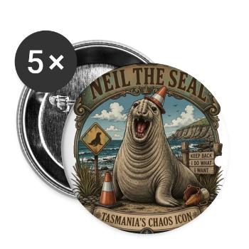  Neil the Seal - Tasmania's Chaos Icon T-Shirt - Buttons large 2.2'' (5-pack) - white