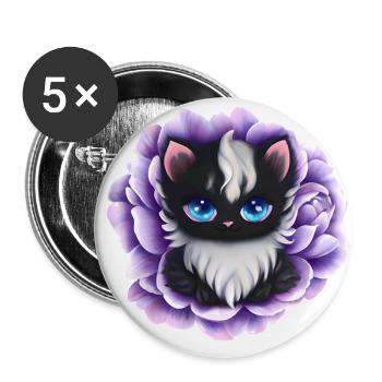 Black and White Floofy Kitten On Peony - Buttons large 2.2'' (5-pack) - white