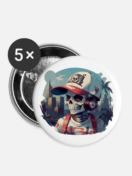 Urban Skull with Headphones - Buttons large 2.2'' (5-pack) - white