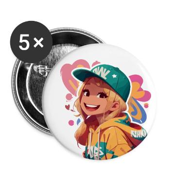 American Girl Smiling in Hoodie - Buttons large 2.2'' (5-pack) - white