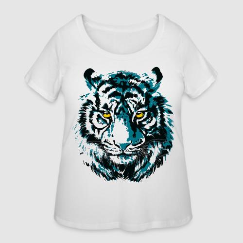 Colorful Turquoise Tiger Head Portrait Drawing - Women's Curvy T-Shirt