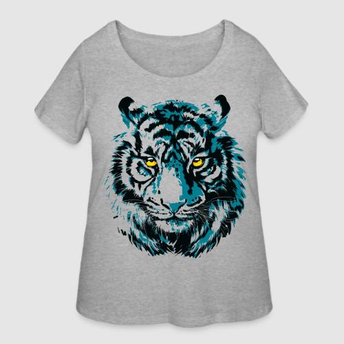 Colorful Turquoise Tiger Head Portrait Drawing - Women's Curvy T-Shirt