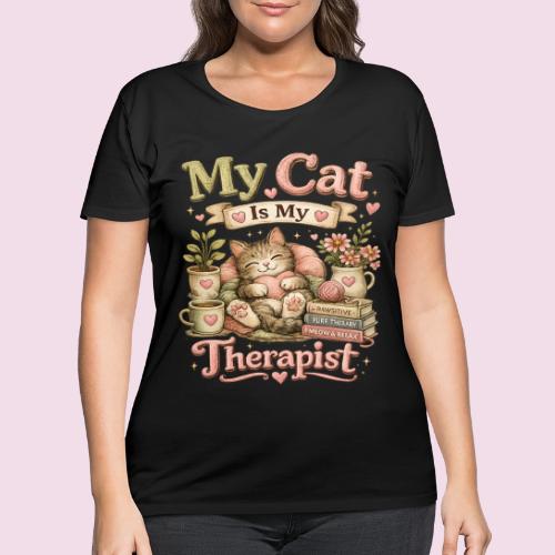 Flux Faux Embroidery My Cat Is My Therapist Design - Women's Curvy T-Shirt