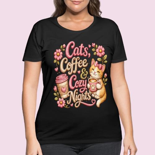 Cats, Coffee & Cozy Nights Faux Stitched Design - Women's Curvy T-Shirt