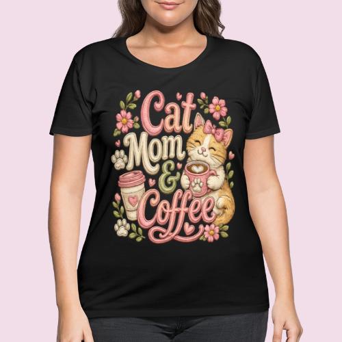 Cat Mom & Coffee Faux Stitched Cat Lover Design - Women's Curvy T-Shirt