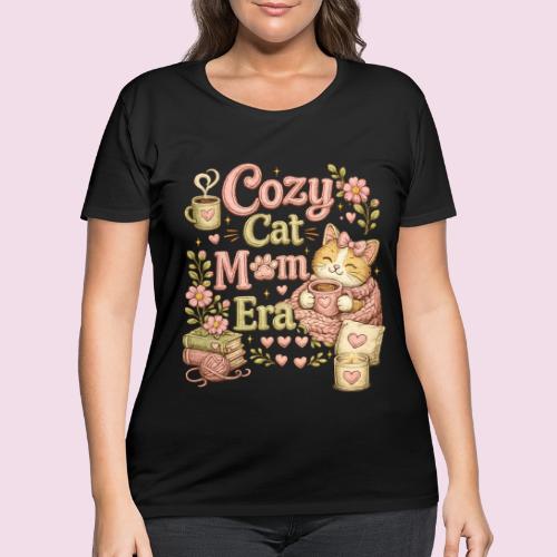 Cozy Cat Mom Era Faux Stitched Design - Women's Curvy T-Shirt