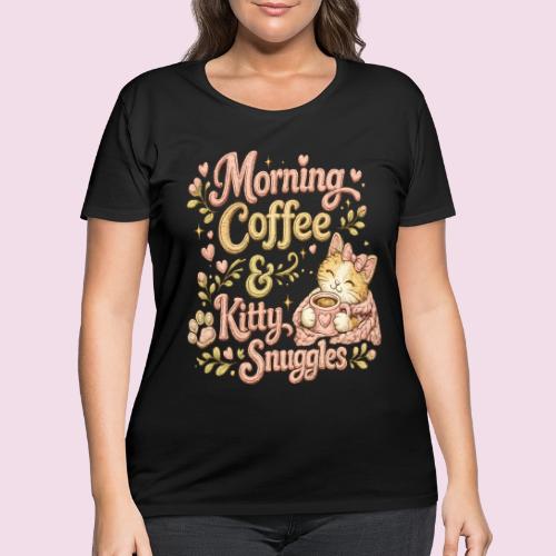 Morning Coffee & Kitty Snuggles Faux Stitched - Women's Curvy T-Shirt