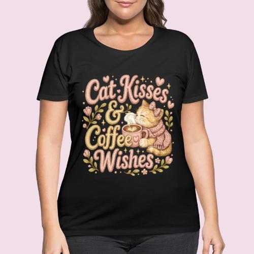 Cat Kisses & Coffee Wishes Faux Stitched - Women's Curvy T-Shirt