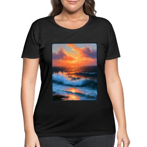 Sunset Storm Waves Oil Painting - Women's Curvy T-Shirt