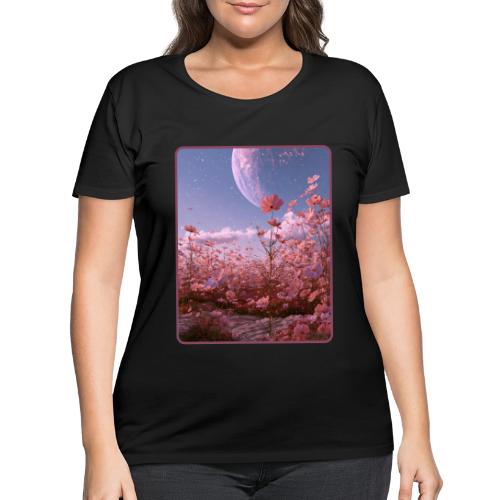 Cosmic Moon & Cosmos Flowers Art - Women's Curvy T-Shirt
