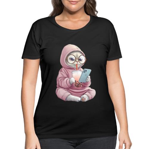 Cool Cat Bubble Tea Cartoon Design - Women's Curvy T-Shirt