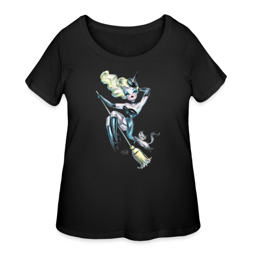 Pinup Retro Witch with Kitty - Women's Curvy T-Shirt