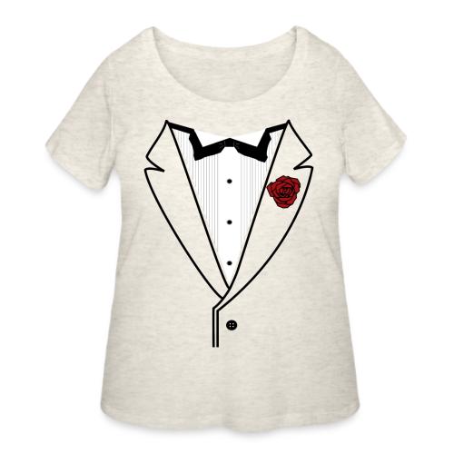 Black Lined Tuxedo Shirt with Black Tie - Women's Curvy T-Shirt