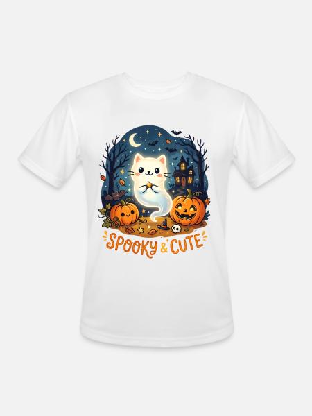 Spooky Cute Ghost Cat Halloween - Men's Moisture Wicking Performance T-Shirt - white