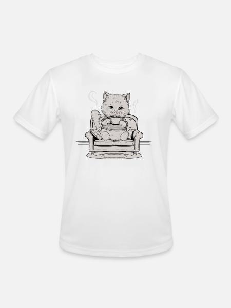 Coffee Cat In Comfy Chair - Men's Moisture Wicking Performance T-Shirt - white