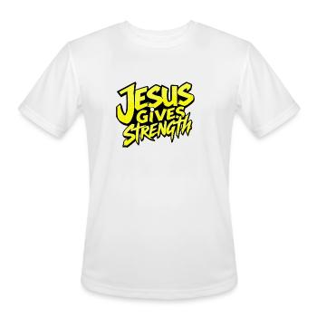 Jesus Gives Strength Streetwear Christian Gym Desi - Men's Moisture Wicking Performance T-Shirt - white - Front - Jackson (183cm)