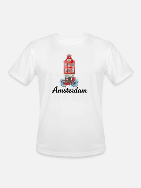 Amsterdam Bicycle on Red Facade - Men's Moisture Wicking Performance T-Shirt - white