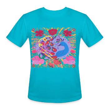 " peacock colors and flowers" - Men's Moisture Wicking Performance T-Shirt - turquoise - Front - Jackson (183cm)