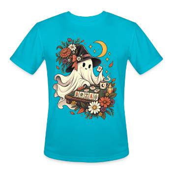 Vintage Ghost Playing Mahjong Halloween Floral   - Men's Moisture Wicking Performance T-Shirt - turquoise - Front - Jackson (183cm)
