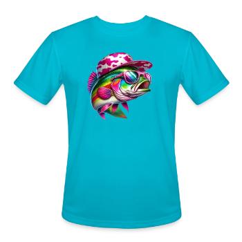 Rainbow Bass Fish with Pink Camo Hat - Men's Moisture Wicking Performance T-Shirt - turquoise - Front - Jackson (183cm)