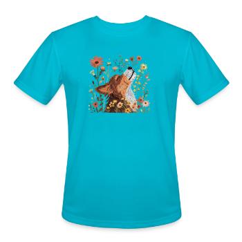 Serene Howling Wolf Amid Floral Bloom - Men's Moisture Wicking Performance T-Shirt - turquoise - Front - Jackson (183cm)