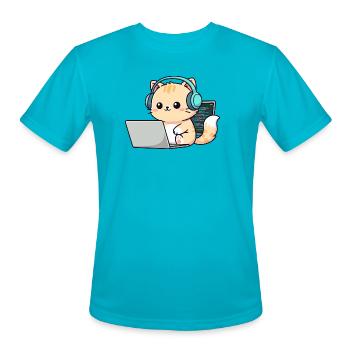 Cute Orange Tabby with Headphones and Laptop - Men's Moisture Wicking Performance T-Shirt - turquoise - Front - Jackson (183cm)