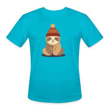 Cozy Sloth in Winter Knit Hat - Men's Moisture Wicking Performance T-Shirt - turquoise - Front - Jackson (183cm)