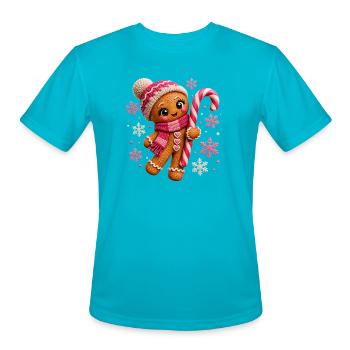 Cute Gingerbread Pink Candy Cane Christmas Girls - Men's Moisture Wicking Performance T-Shirt - turquoise - Front - Jackson (183cm)