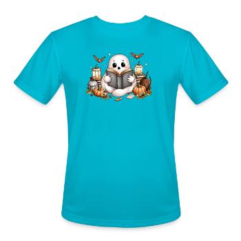 Cozy Ghost Reads Autumn Tale - Men's Moisture Wicking Performance T-Shirt - turquoise - Front - Jackson (183cm)
