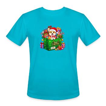 Corgi in Gift Bag Christmas - Men's Moisture Wicking Performance T-Shirt - turquoise - Front - Jackson (183cm)