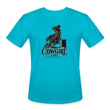 Minimalist Barrel Racer Girl Cowgirl Life Horse - Men's Moisture Wicking Performance T-Shirt - turquoise - Front - Jackson (183cm)