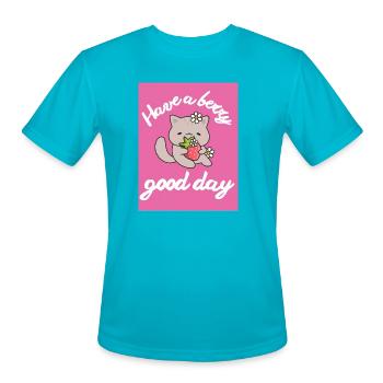 Berry Cute Cat with Strawberry - Men's Moisture Wicking Performance T-Shirt - turquoise - Front - Jackson (183cm)