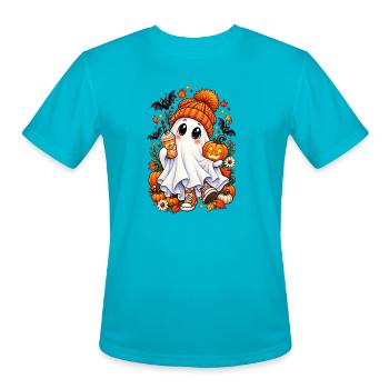 Cute Spooky Ghost T-Shirt, Halloween - Men's Moisture Wicking Performance T-Shirt - turquoise - Front - Jackson (183cm)