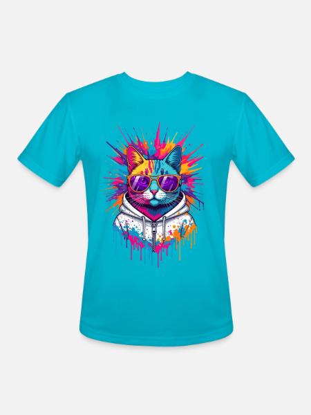 Neon Splash Cat Hoodie - Men's Moisture Wicking Performance T-Shirt - turquoise