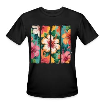 Vintage Hibiscus Floral Stripes Tropical Aesthetic - Men's Moisture Wicking Performance T-Shirt - black - Front - Jackson (183cm)