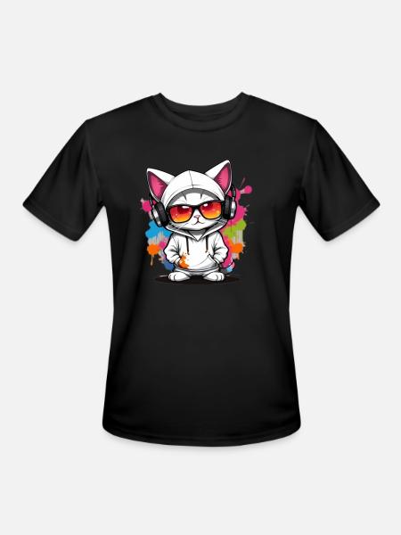 cute cat enjoying music - Men's Moisture Wicking Performance T-Shirt - black