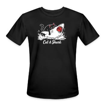 Fat Cat vs Shark Meme Funny Cat Riding Shark Ocean - Men's Moisture Wicking Performance T-Shirt - black - Front - Jackson (183cm)