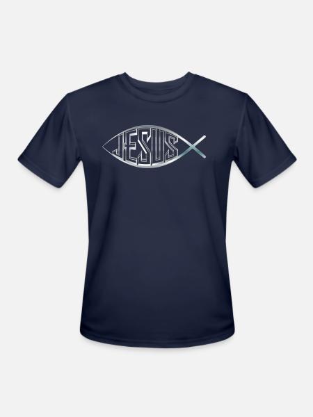 JESUS FISH SILVER - Men's Moisture Wicking Performance T-Shirt - navy