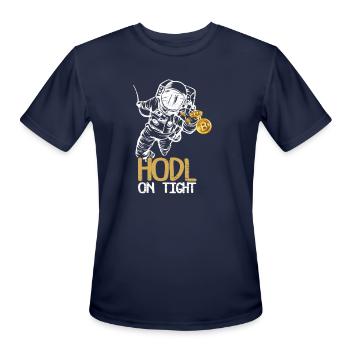 Hodl On Tight Funny Bitcoin Btc Currency Gag Gift - Men's Moisture Wicking Performance T-Shirt - navy - Front - Jackson (183cm)