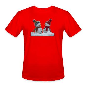Winter Snow Duo: Cozy Knit Snowmen - Men's Moisture Wicking Performance T-Shirt - red - Front - Jackson (183cm)