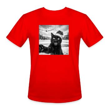 Funny Black Cat Selfie with Santa Christmas Pjs - Men's Moisture Wicking Performance T-Shirt - red - Front - Jackson (183cm)
