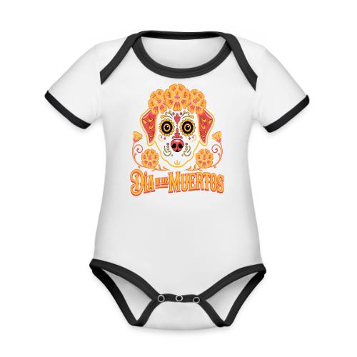 Dia De Los Muertos Dog Skull Flowers - Organic Contrast SS Baby Bodysuit