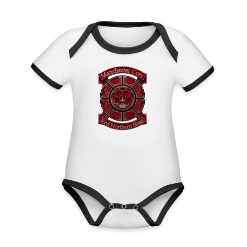 Manchester Is Red T Shirt, Soccer City Pride Gift - Organic Contrast SS Baby Bodysuit