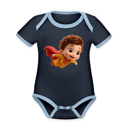 Flying Cartoon Superhero Boy in Yellow Suit - Organic Contrast SS Baby Bodysuit