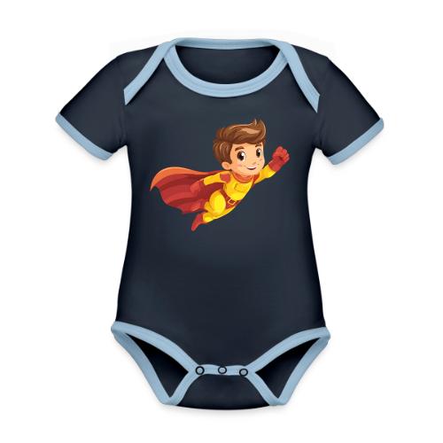 Cheerful Cartoon Superhero Boy Flying High - Organic Contrast SS Baby Bodysuit