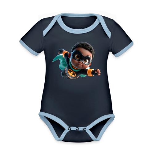 Brave Cartoon Superhero Boy in Green Cape - Organic Contrast SS Baby Bodysuit