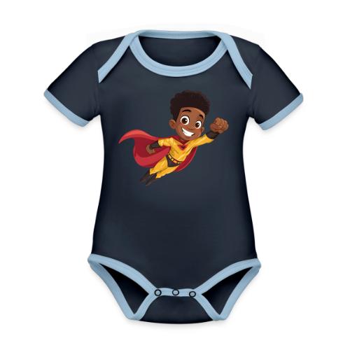 Flying Cartoon Superhero Boy in Red Cape - Organic Contrast SS Baby Bodysuit