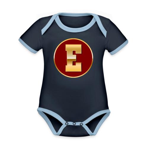Letter E – Capital Varsity Alphabet Monogram - Organic Contrast SS Baby Bodysuit