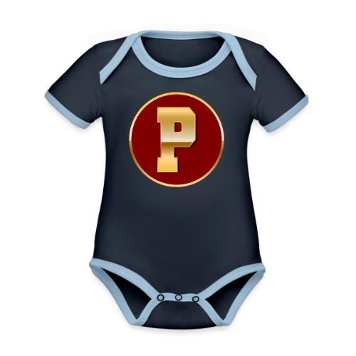 Letter P – Capital Varsity Alphabet Monogram - Organic Contrast SS Baby Bodysuit